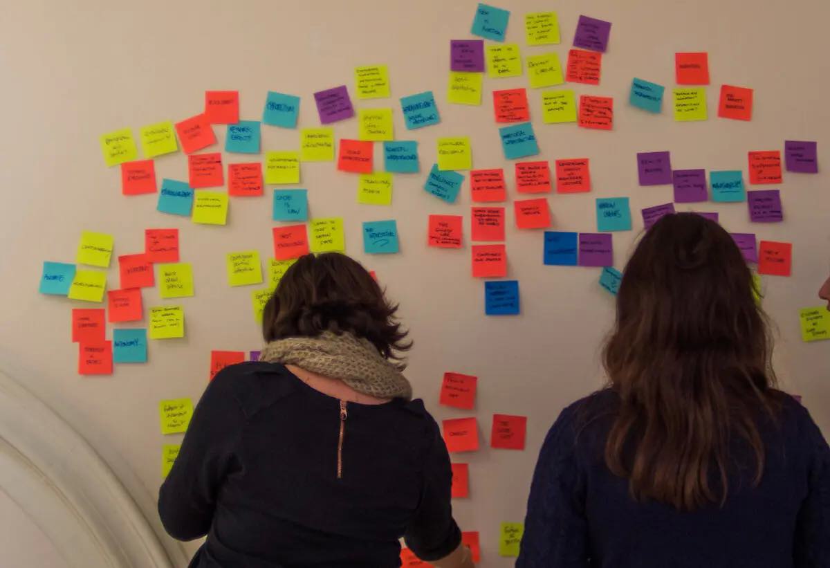 Two people working with post-it notes at the wall.